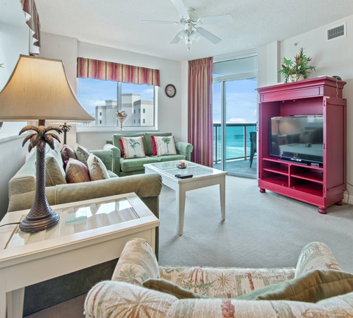 Living room view of 2 bedroom condo rental at Laguna Keyes